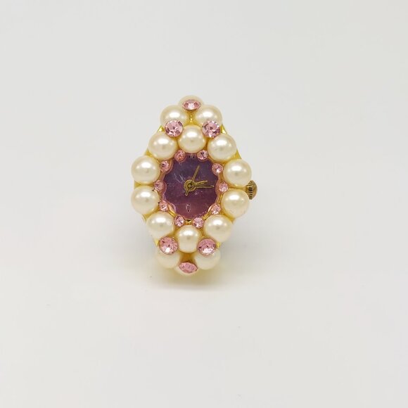 Vintage pearl like & crystal rose mirror dial? ring watch by migi (Unsigned) wor - Picture 1 of 5